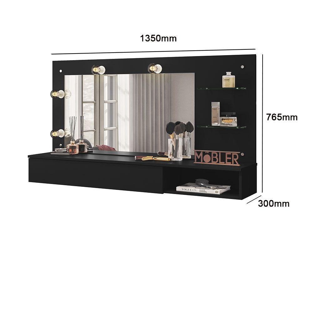 Camarim Penteadeira Lumiere Mesa Suspensa Com Espelho E Gaveta Organizadora Preto Fosco - Mabe Magazine - 2