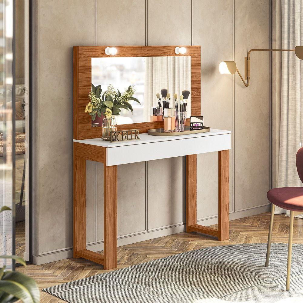 Penteadeira Camarim Escrivaninha Com Espelho Gala Branco Fosco-cinamomo Mel - Mabe Magazine - 1
