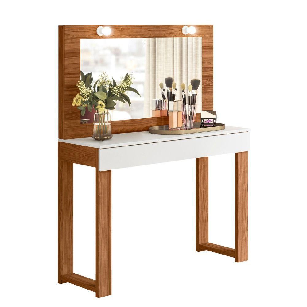 Penteadeira Camarim Escrivaninha Com Espelho Gala Branco Fosco-cinamomo Mel - Mabe Magazine - 4