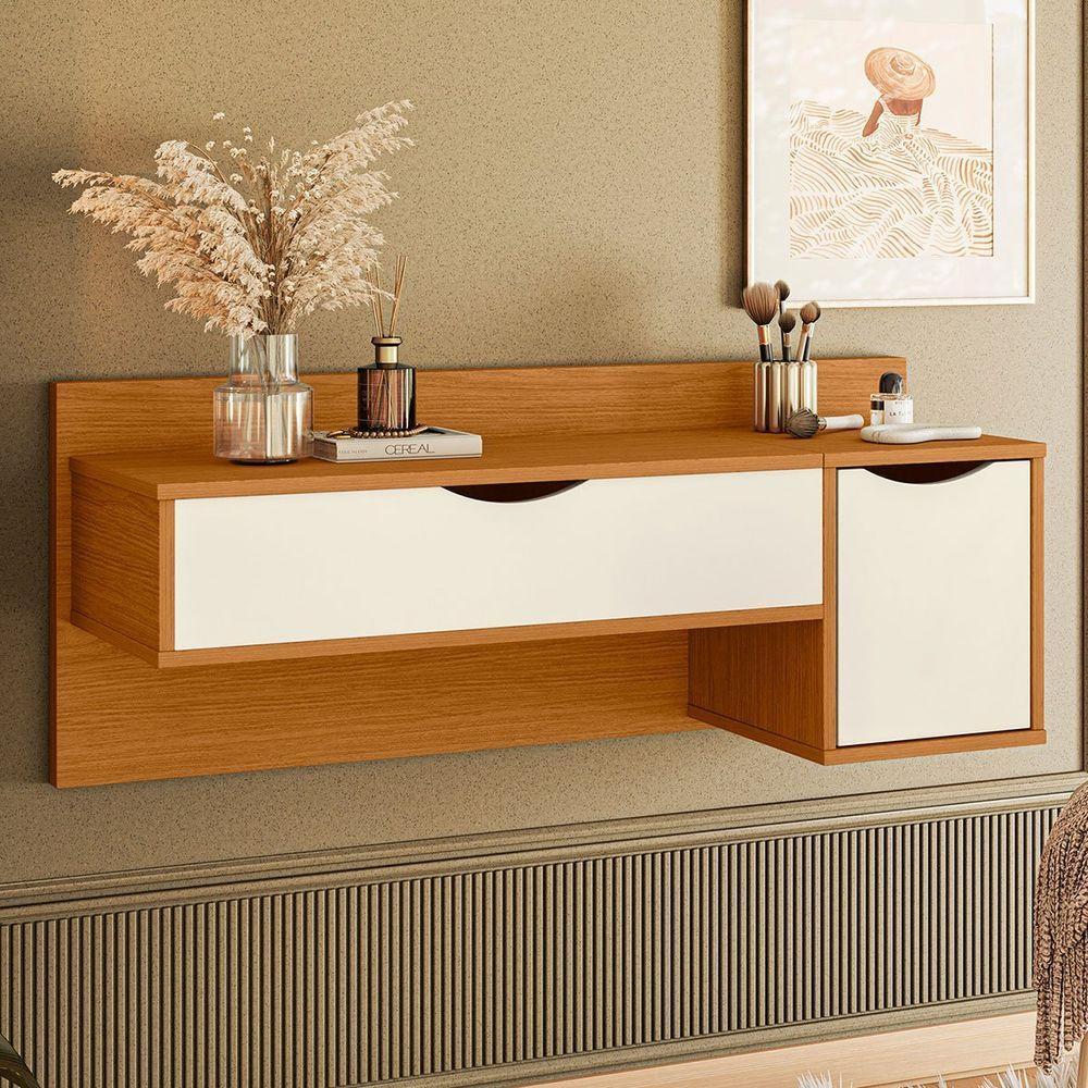 Penteadeira Camarim Suspensa Com Espelho E Nichos Make Cinamomo/off White - 8