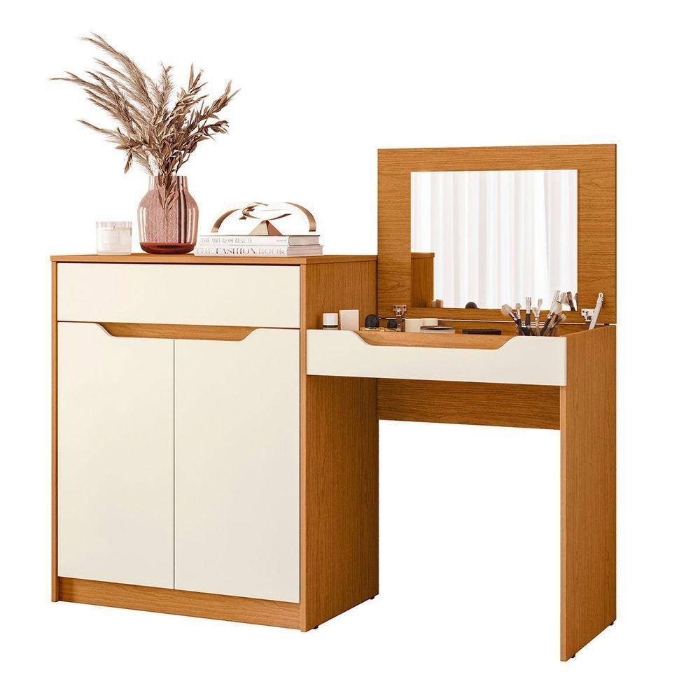 Penteadeira Escrivaninha Com Espelho 2 Portas 1 Gaveta Theo Cinamomo/off White - 1