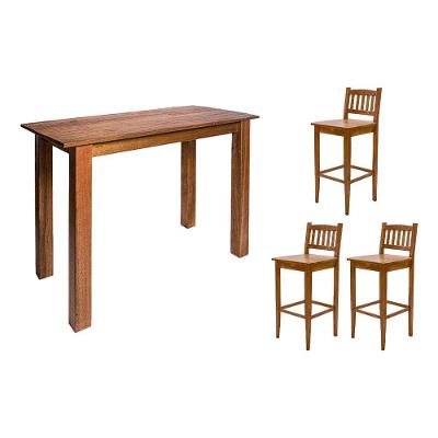 Aparador De Apoio 1,60m Para Bar Rústico Decorativo Com 3 Banquetas Bh Em Madeira Maciça - Natural - Bege