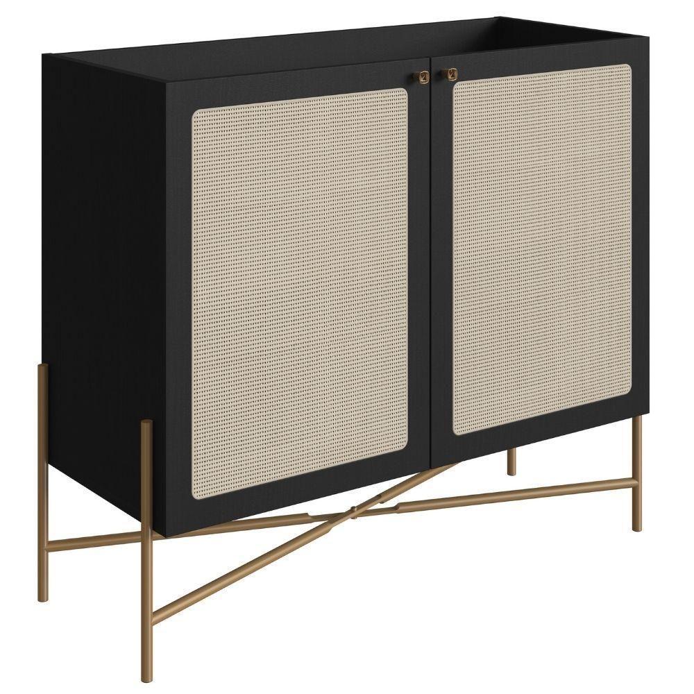 Balcão Bar Buffet 2 Portas Oslo Artesano 93 Cm (larg) Mdp Nero Palha Sintética Bege Pé Metal Dourado - 1