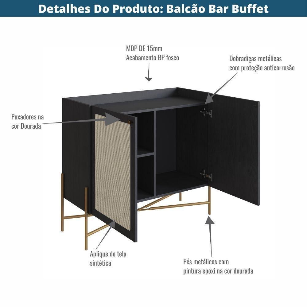 Balcão Bar Buffet 2 Portas Oslo Artesano 93 Cm (larg) Mdp Nero Palha Sintética Bege Pé Metal Dourado - 2
