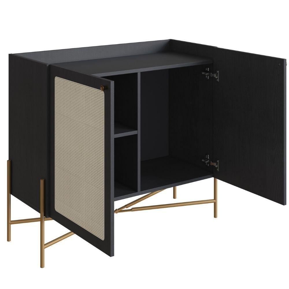 Balcão Bar Buffet 2 Portas Oslo Artesano 93 Cm (larg) Mdp Nero Palha Sintética Bege Pé Metal Dourado - 6