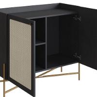 Balcão Bar Buffet 2 Portas Oslo Artesano 93 Cm (larg) Mdp Nero Palha Sintética Bege Pé Metal Dourado