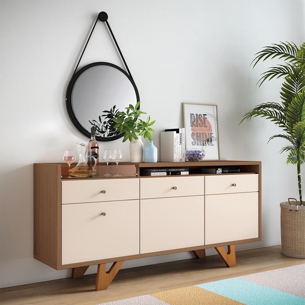 Buffet Aparador Noeli Com Bandeja Lateral Mdp/mdf Pés Em Madeira Castanho/off White G26 - Gran Belo - 1