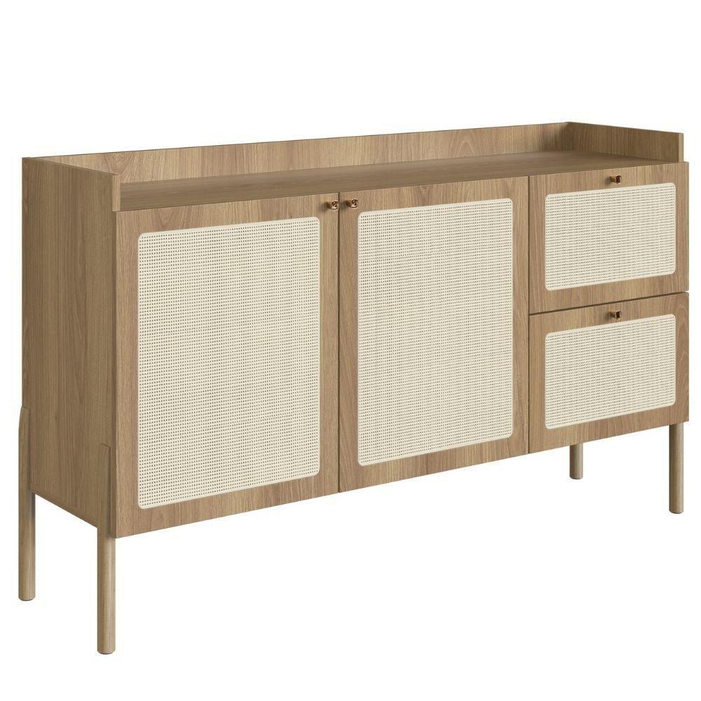 Balcão Buffet 2 Portas Oslo Artesano 139 Cm (largura) Mdp Hanover Palha Sintética Bege Pé Madeira - 1