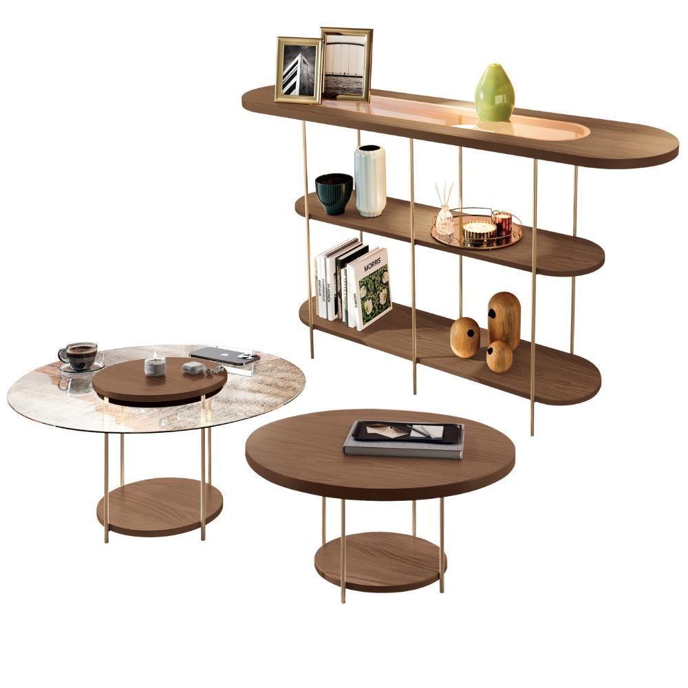 Kit Aparador Para Sala Friesen Com 02 Mesas De Centro Redonda Allure B01 Castanho - Lyam Decor - 1