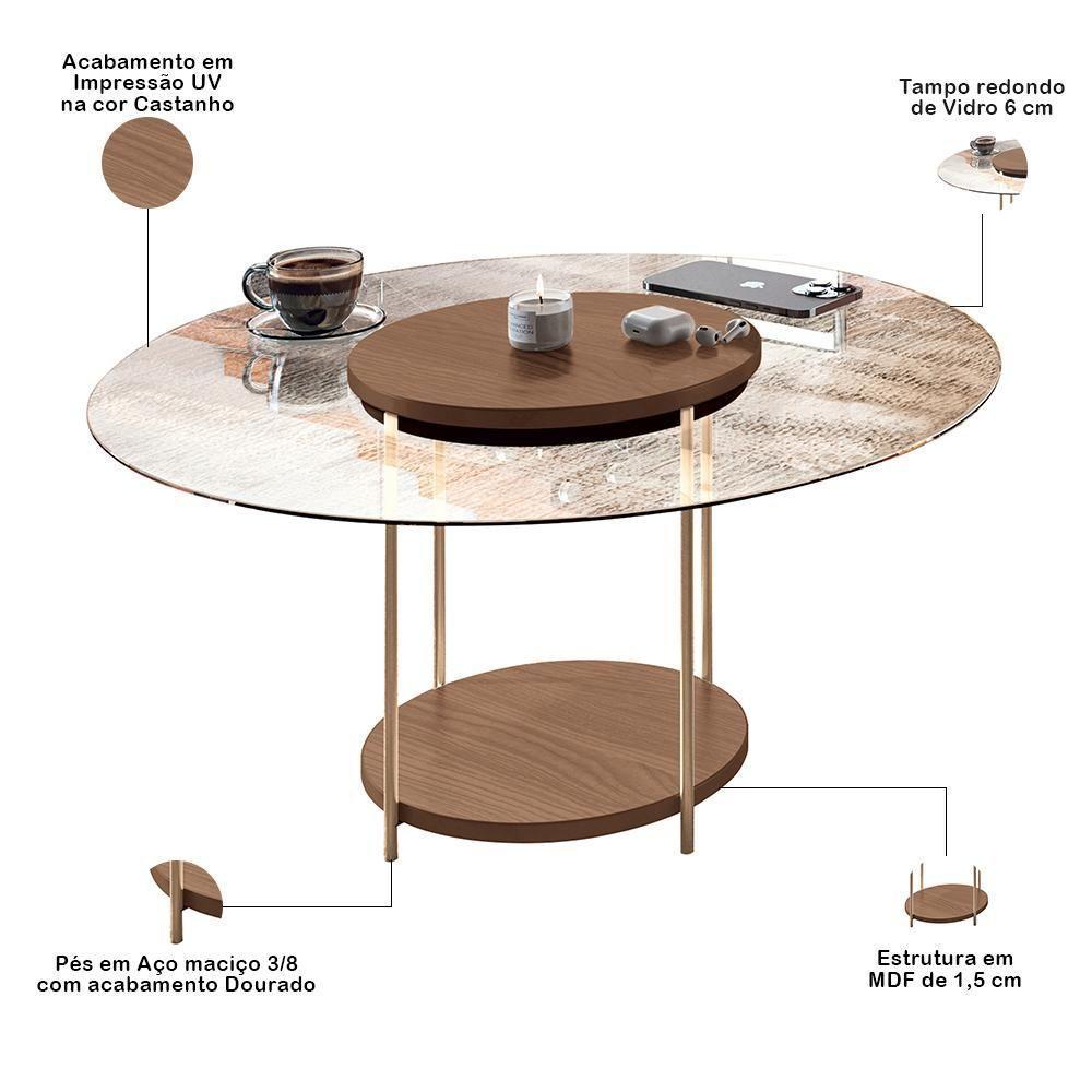 Kit Aparador Para Sala Friesen Com 02 Mesas De Centro Redonda Allure B01 Castanho - Lyam Decor - 6
