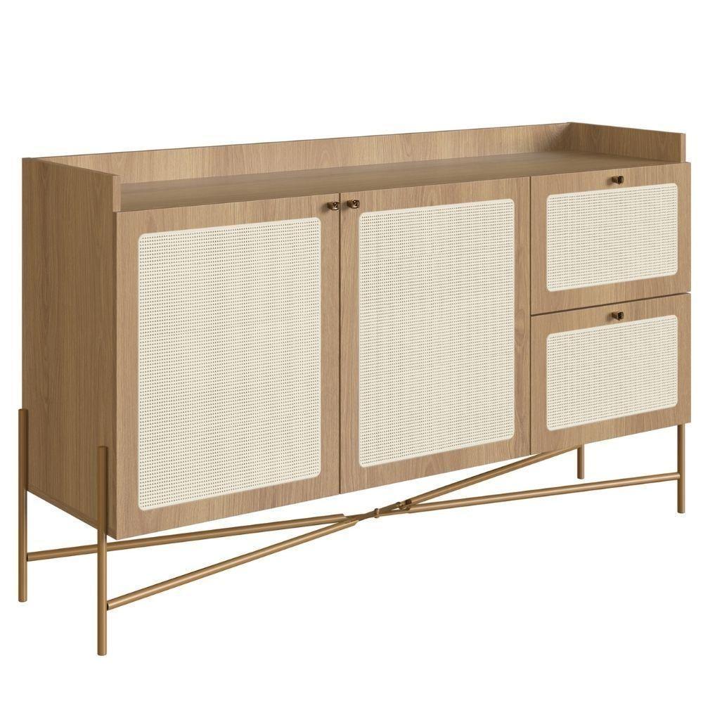 Balcão Buffet 2 Portas Oslo Artesano 139 Cm (larg) Mdp Hanover Palha Sintética Bege Pé Metal Dourado - 1