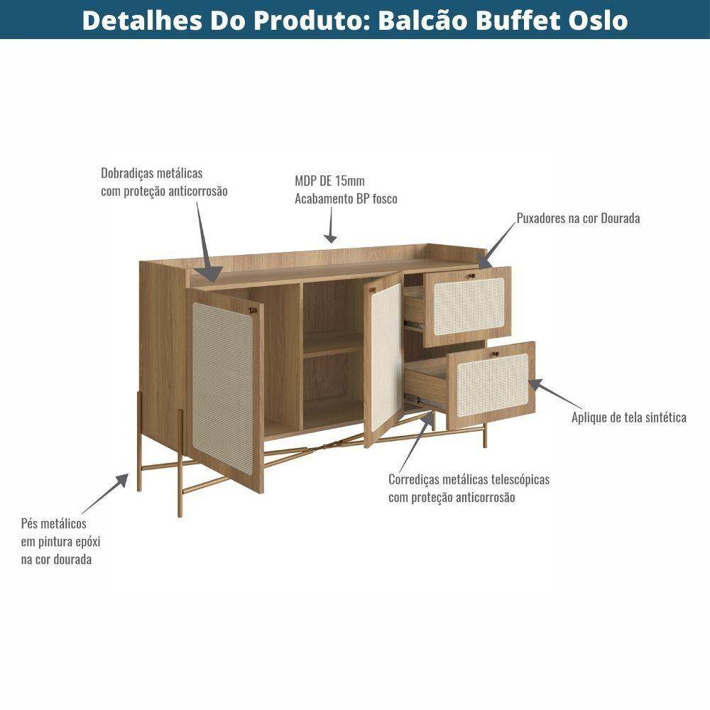Balcão Buffet 2 Portas Oslo Artesano 139 Cm (larg) Mdp Hanover Palha Sintética Bege Pé Metal Dourado - 3