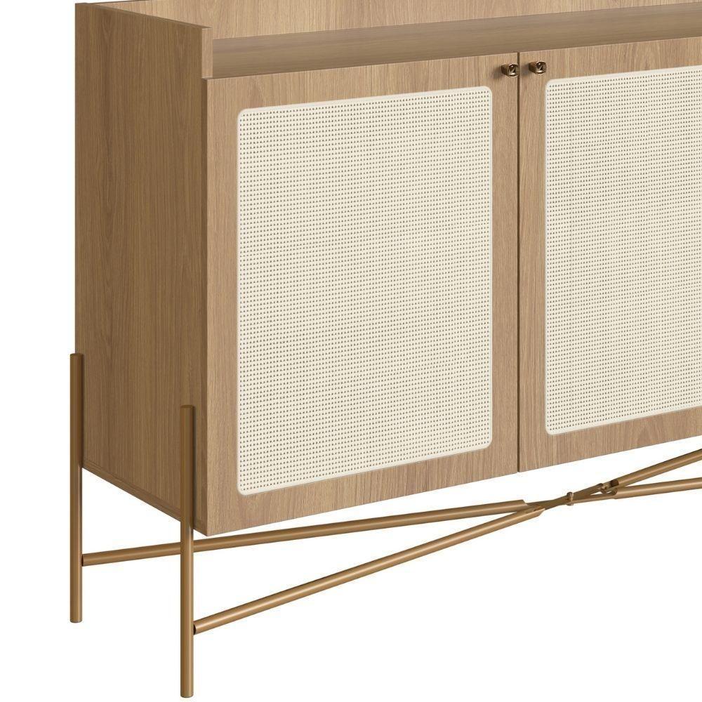 Balcão Buffet 2 Portas Oslo Artesano 139 Cm (larg) Mdp Hanover Palha Sintética Bege Pé Metal Dourado - 4