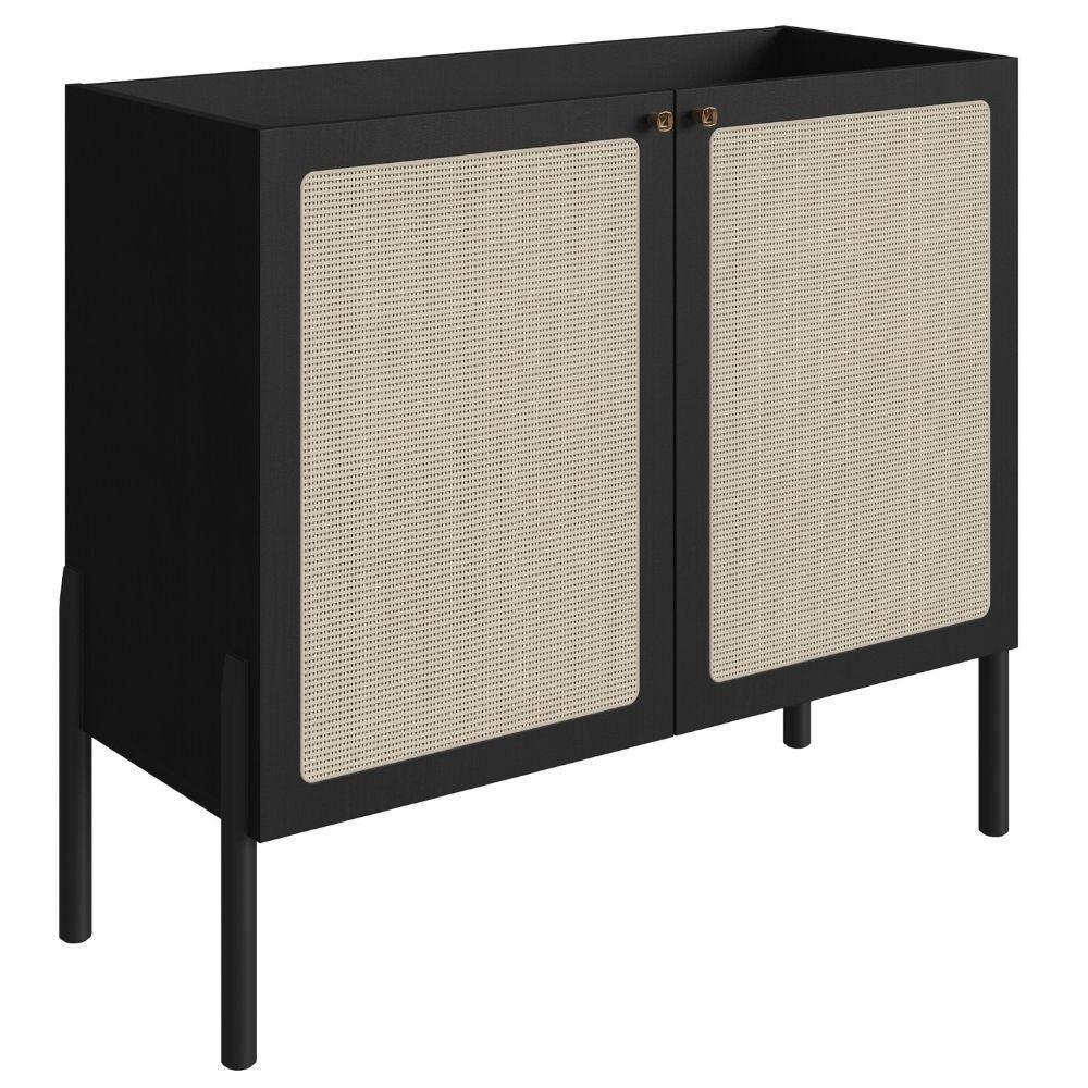 Balcão Bar Buffet 2 Portas Oslo Artesano 93 Cm (largura) Mdp Nero Palha Sintética Bege Pé Madeira - 1