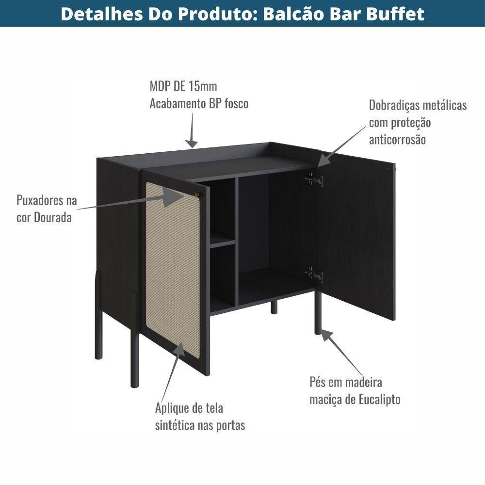 Balcão Bar Buffet 2 Portas Oslo Artesano 93 Cm (largura) Mdp Nero Palha Sintética Bege Pé Madeira - 5