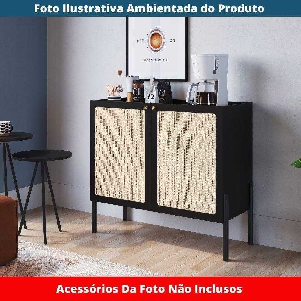 Balcão Bar Buffet 2 Portas Oslo Artesano 93 Cm (largura) Mdp Nero Palha Sintética Bege Pé Madeira - 6