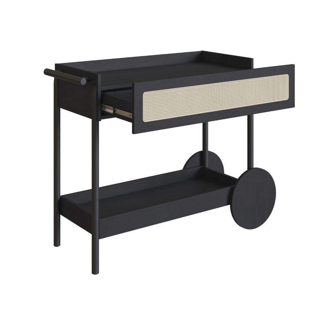 Carrinho Bar 1 Gaveta Oslo Artesano 112 Cm (larg) Mdp Nero Palha Sintética Bege Pé Madeira Maciça - 2