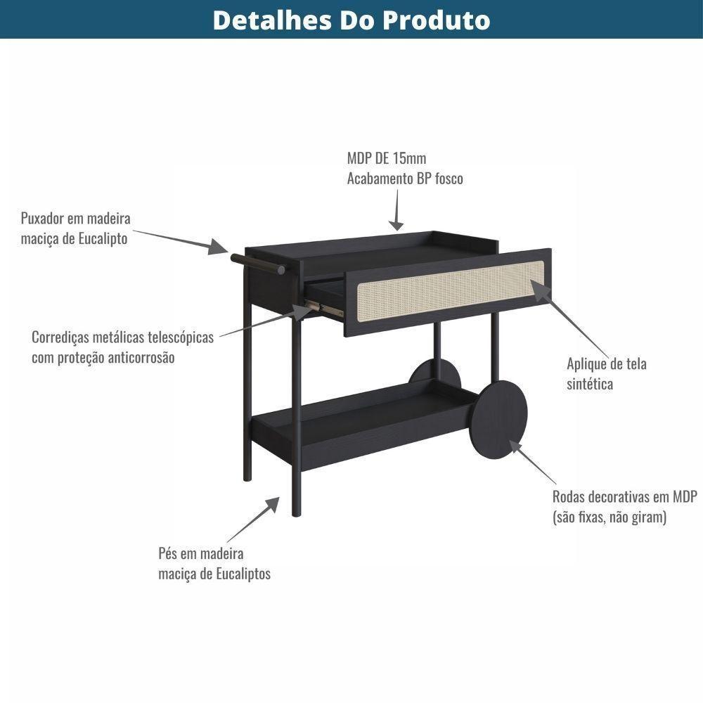 Carrinho Bar 1 Gaveta Oslo Artesano 112 Cm (larg) Mdp Nero Palha Sintética Bege Pé Madeira Maciça - 6