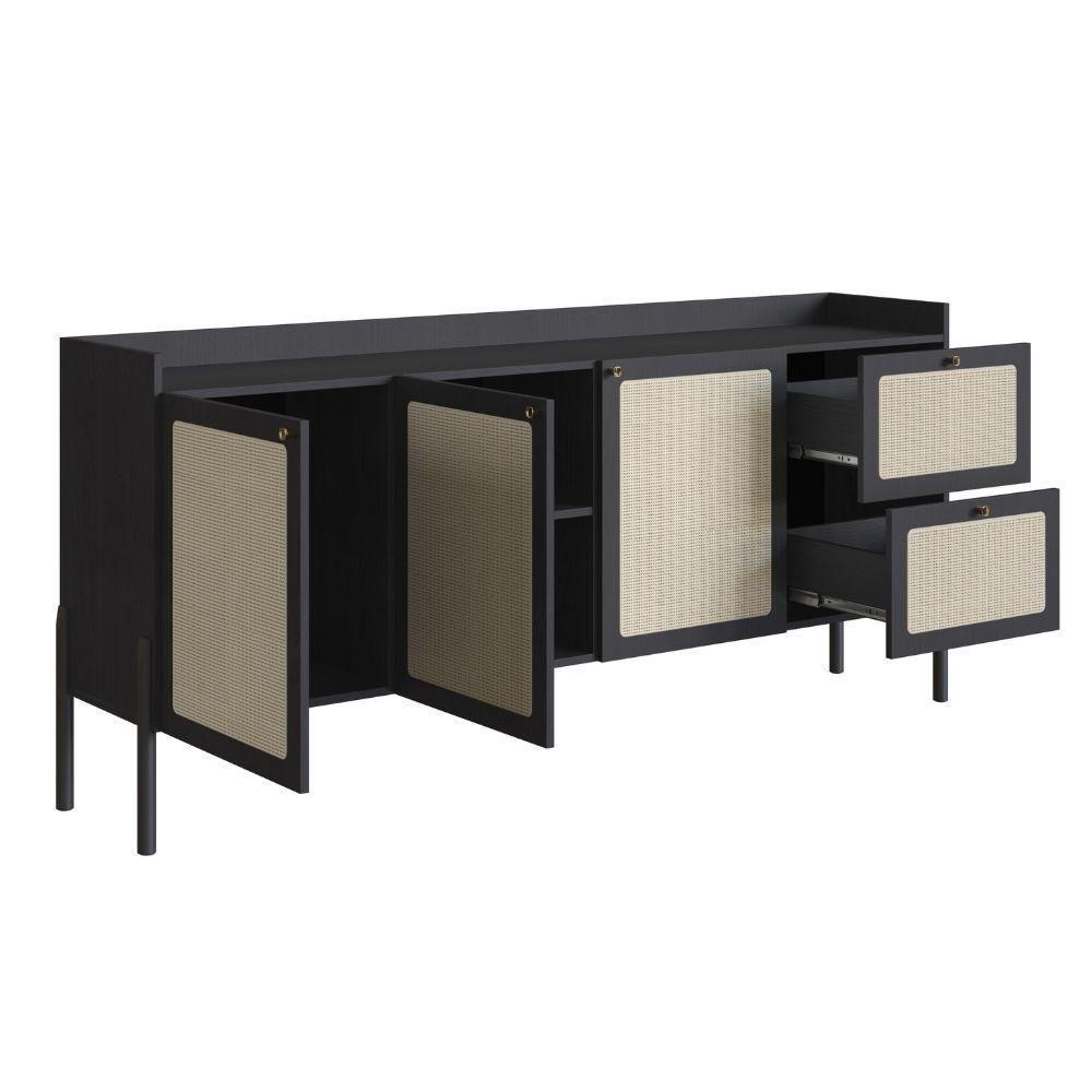 Balcão Buffet 3 Portas Oslo Artesano 183cm (largura) Mdp Nero Palha Sintética Bege Pé Madeira Maciça - 2