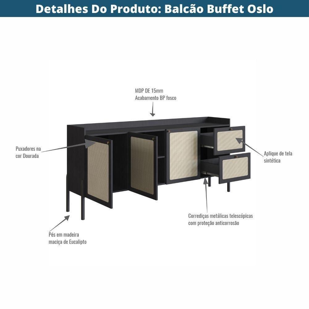 Balcão Buffet 3 Portas Oslo Artesano 183cm (largura) Mdp Nero Palha Sintética Bege Pé Madeira Maciça - 6