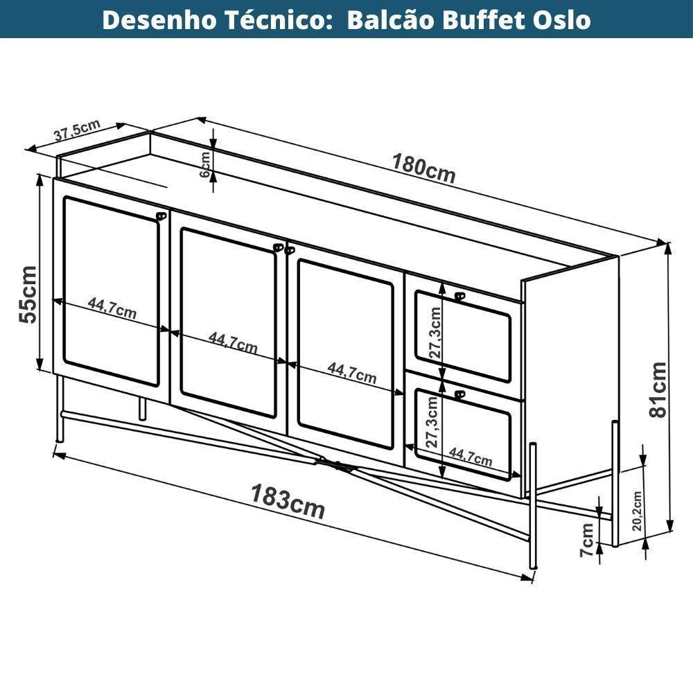 Balcão Buffet 3 Portas Oslo Artesano 183cm (largura) Mdp Nero Palha Sintética Bege Pé Madeira Maciça - 7