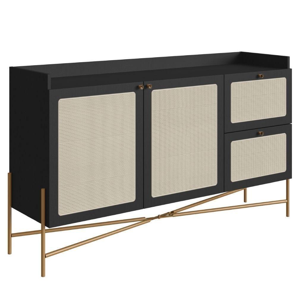 Balcão Buffet 2 Portas Oslo Artesano 139 Cm (largura) Mdp Nero Palha Sintética Bege Pé Metal Dourado - 1