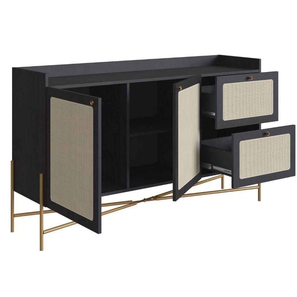 Balcão Buffet 2 Portas Oslo Artesano 139 Cm (largura) Mdp Nero Palha Sintética Bege Pé Metal Dourado - 2