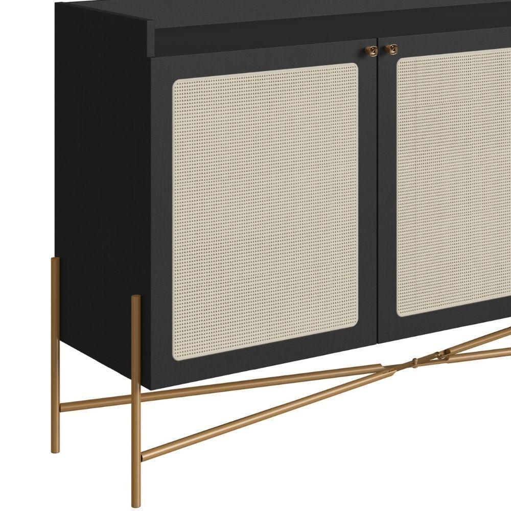 Balcão Buffet 2 Portas Oslo Artesano 139 Cm (largura) Mdp Nero Palha Sintética Bege Pé Metal Dourado - 3