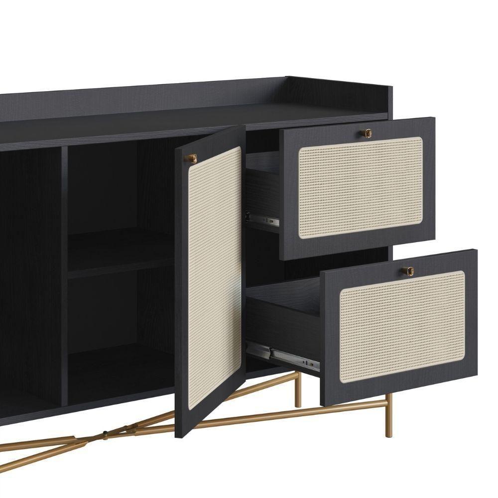 Balcão Buffet 2 Portas Oslo Artesano 139 Cm (largura) Mdp Nero Palha Sintética Bege Pé Metal Dourado - 4