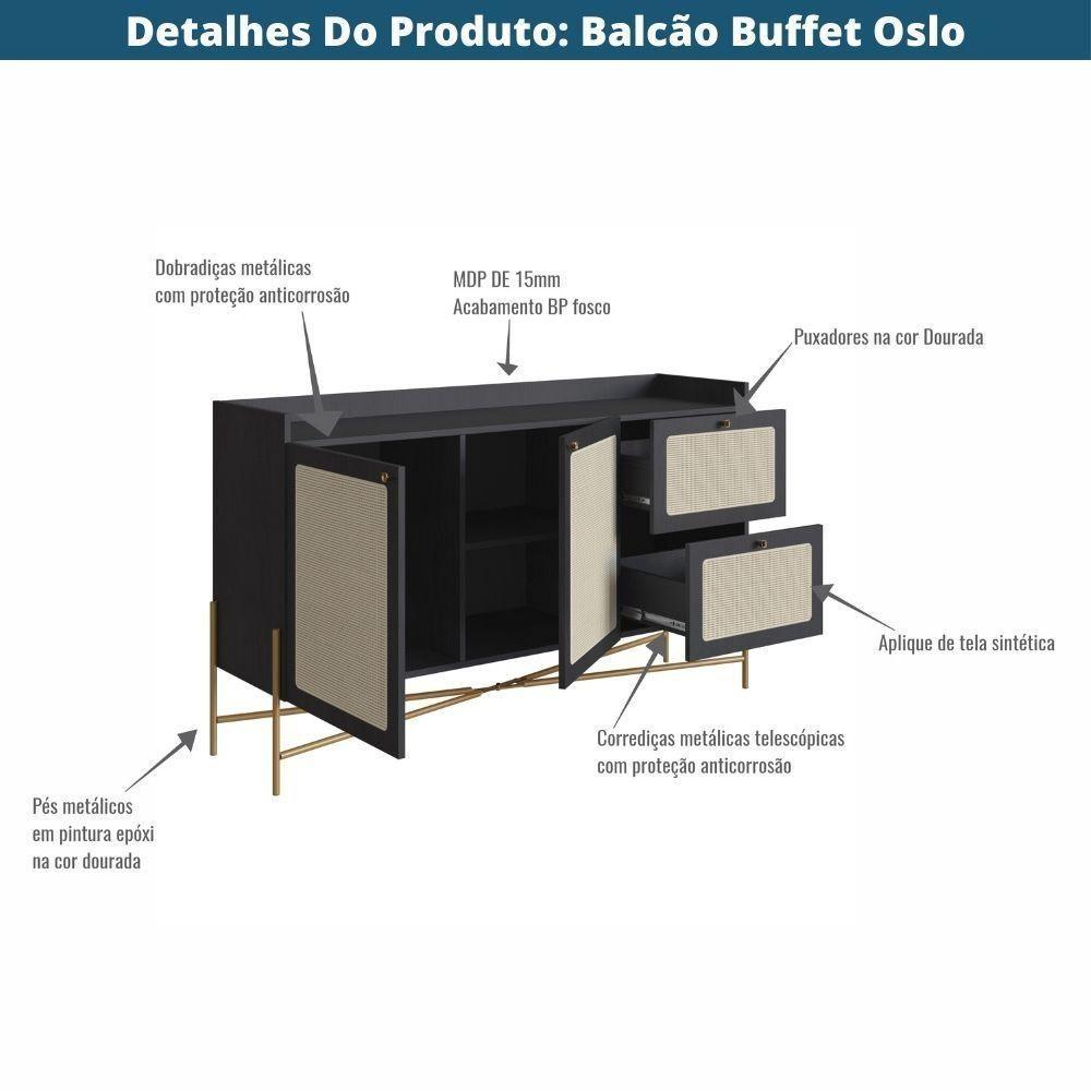 Balcão Buffet 2 Portas Oslo Artesano 139 Cm (largura) Mdp Nero Palha Sintética Bege Pé Metal Dourado - 5