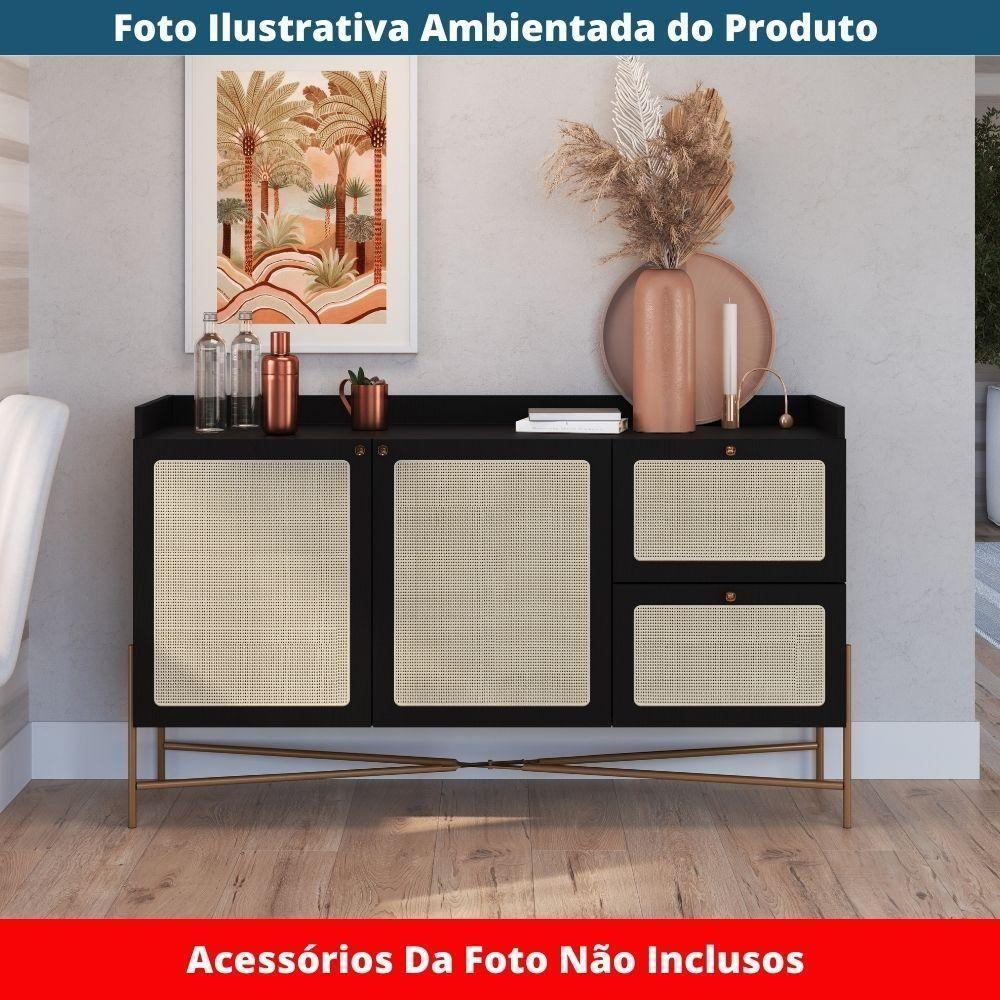 Balcão Buffet 2 Portas Oslo Artesano 139 Cm (largura) Mdp Nero Palha Sintética Bege Pé Metal Dourado - 6