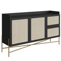Balcão Buffet 2 Portas Oslo Artesano 139 Cm (largura) Mdp Nero Palha Sintética Bege Pé Metal Dourado - 1