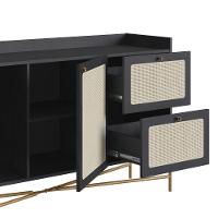 Balcão Buffet 2 Portas Oslo Artesano 139 Cm (largura) Mdp Nero Palha Sintética Bege Pé Metal Dourado