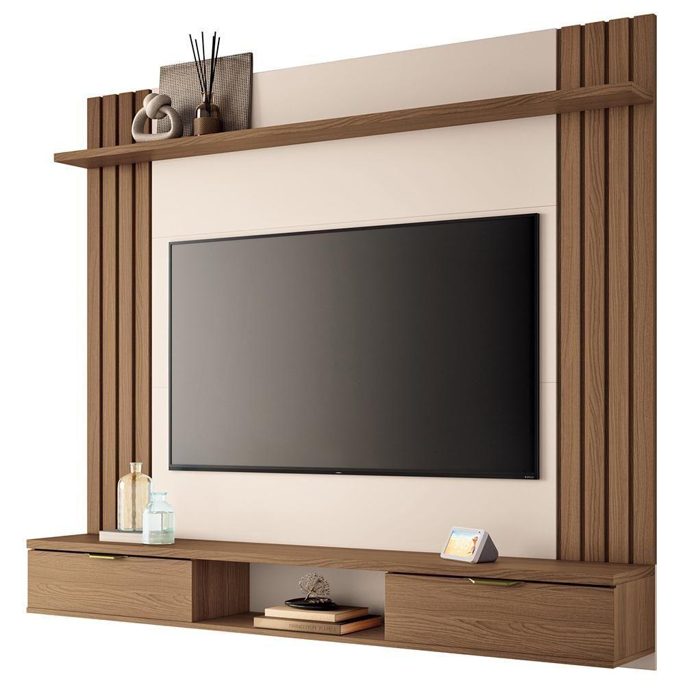 Painel Para Tv 70 Pol Com Bancada Suspensa Soleil B01 Castanho Off White - Lyam Decor - 1
