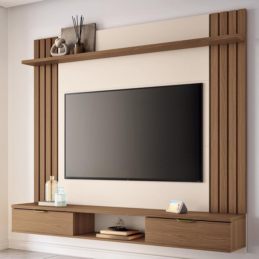 Painel Para Tv 70 Pol Com Bancada Suspensa Soleil B01 Castanho Off White - Lyam Decor - 2