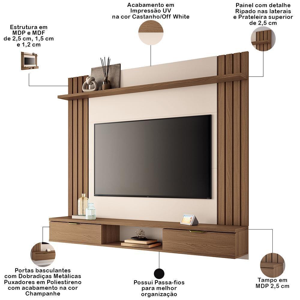 Painel Para Tv 70 Pol Com Bancada Suspensa Soleil B01 Castanho Off White - Lyam Decor - 3