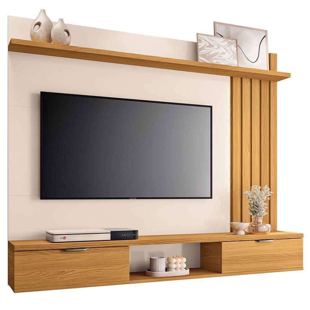 Painel Para Tv 55 Pol Com Bancada Suspensa Lake B01 Cinamomo Off White - Lyam Decor - 1