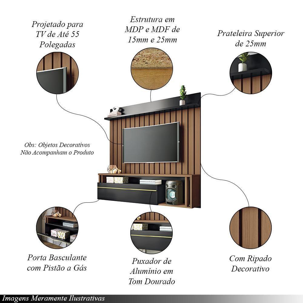 Painel Suspenso Decorativo Stesso Ripado Para Tv Até 55 Polegadas Castanho/preto G26 - Gran Belo - 6
