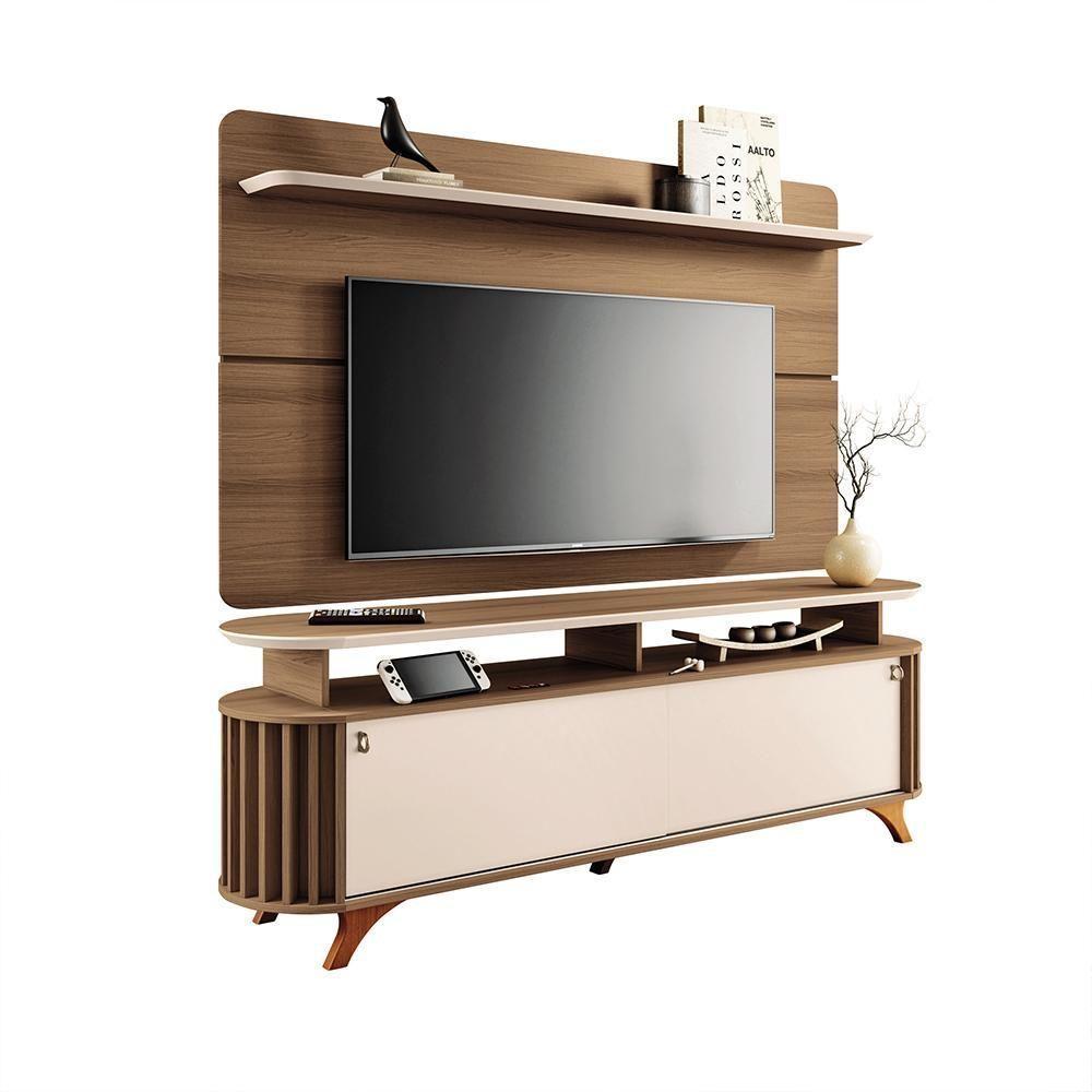 Conjunto Decorativo Bancada E Painel Kirby Tv Até 70 Polegadas Castanho/off White G26 - Gran Belo - 1