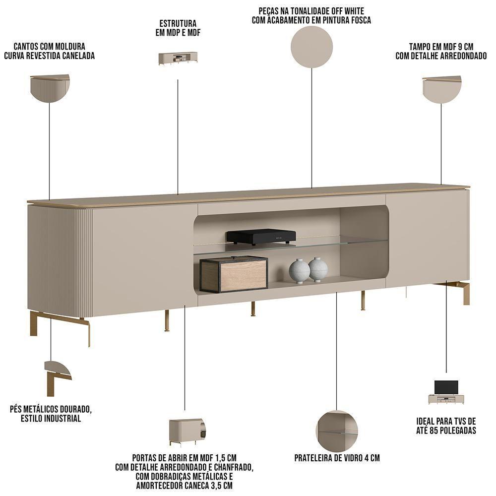 Rack Para Sala De Estar Tv 85 Pol Pés Metálicos Elysia L05 Off White Fosco - Lyam Decor - 4