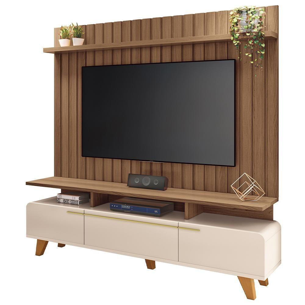 Rack Para Sala émile Com Painel Para Tv Ripado 70 Pol Conect B01 Off White Castanho - Lyam Decor - 1