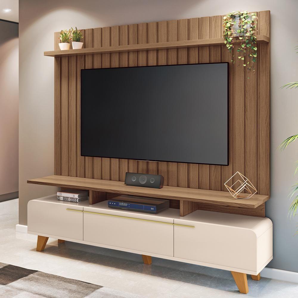 Rack Para Sala émile Com Painel Para Tv Ripado 70 Pol Conect B01 Off White Castanho - Lyam Decor - 2