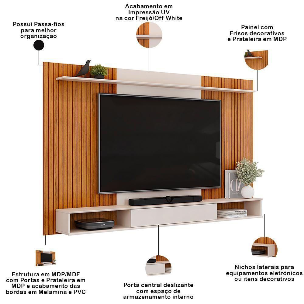 Painel Para Tv 70 Pol Com Bancada Suspensa 215cm Dom D05 Freijó Off White - Lyam Decor - 3