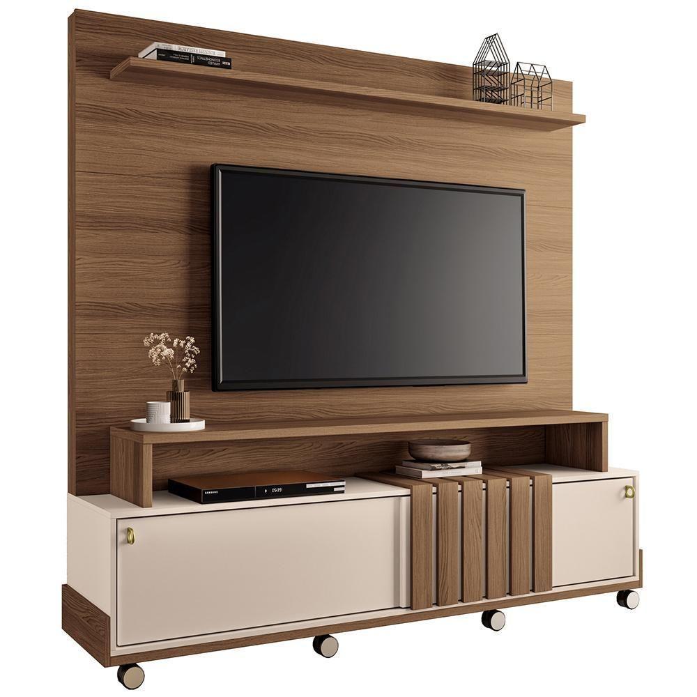 Estante Painel Para Tv 65 Pol Com Rodízios Cloud B01 Castanho Off White - Lyam Decor - 1