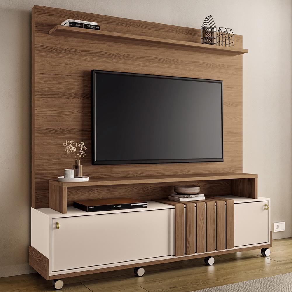 Estante Painel Para Tv 65 Pol Com Rodízios Cloud B01 Castanho Off White - Lyam Decor - 2