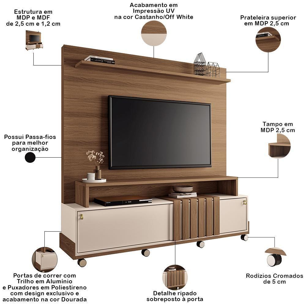 Estante Painel Para Tv 65 Pol Com Rodízios Cloud B01 Castanho Off White - Lyam Decor - 3