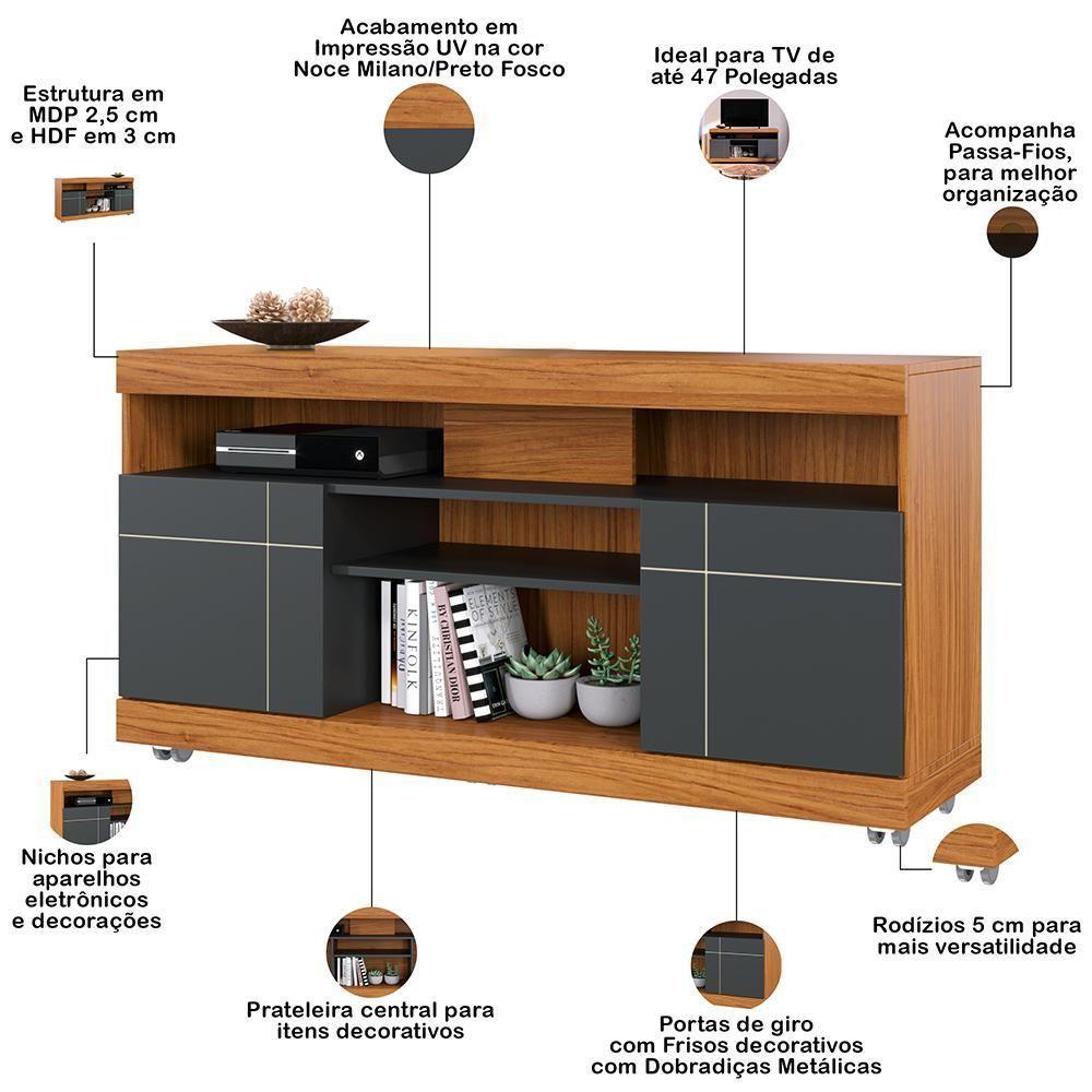 Rack Para Sala De Estar Tv 47 Pol Com Rodízios Raya C04 Noce Milano Preto Fosco - Lyam Decor - 2