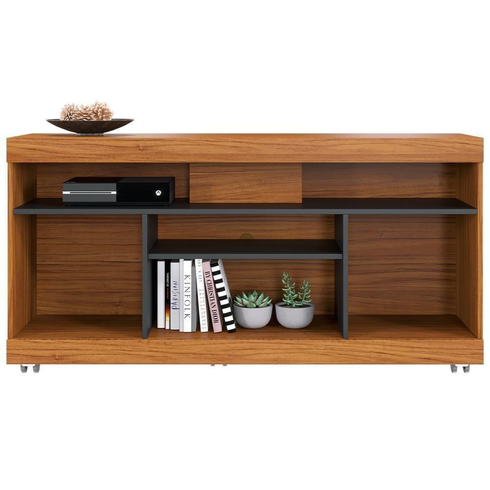 Rack Para Sala De Estar Tv 47 Pol Com Rodízios Raya C04 Noce Milano Preto Fosco - Lyam Decor - 5