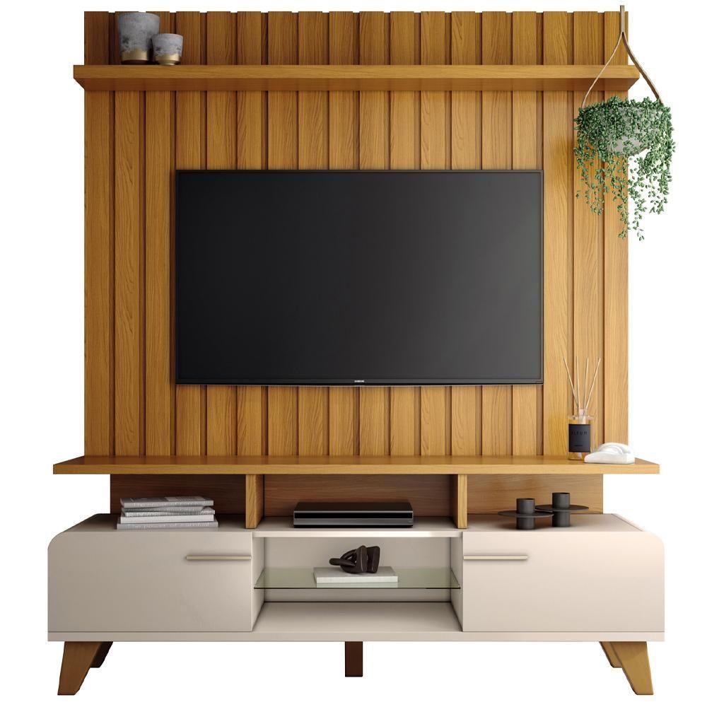 Rack Para Sala émile Com Painel Para Tv Ripado 60 Pol Conect B01 Off White Cinamomo - Lyam Decor - 1
