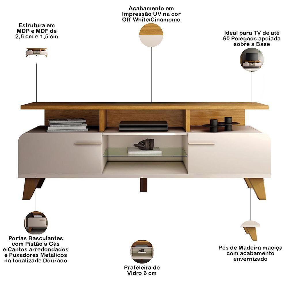 Rack Para Sala émile Com Painel Para Tv Ripado 60 Pol Conect B01 Off White Cinamomo - Lyam Decor - 4